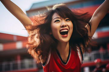 Enthusiastic asian woman in red, surrounded by fans, cheering for victory in a sports competition. Diverse team spirit. Generative ai image - obrazy, fototapety, plakaty