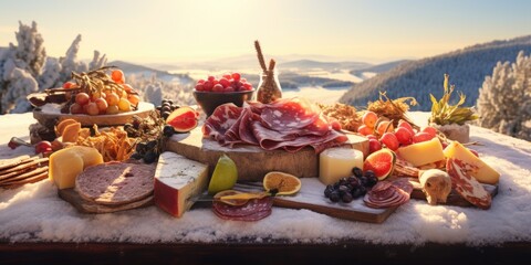 A table adorned with an abundance of food, covered in a blanket of snow. Perfect for winter-themed...