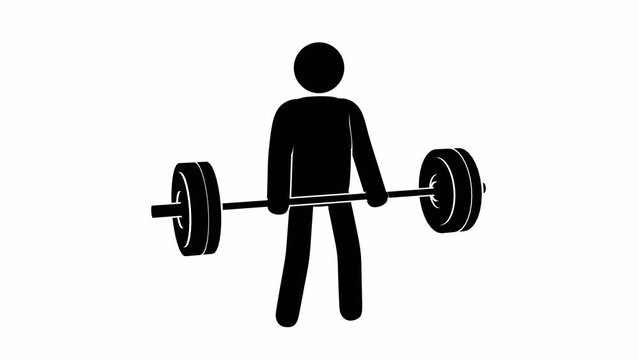 Pictogram man lifting barbell for biceps. Stickman trains with barbell. Looping animation with alpha channel.