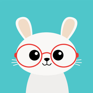 White bunny rabbit hare wearing red glasses. Cute kawaii cartoon baby character. Happy Easter. Funny smiling face head. Pink cheeks. Valentines Day. Greeting card. Blue background. Flat design.