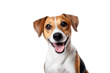 Cute fluffy portrait smile Puppy dog that looking at camera isolated on clear png background, funny moment, lovely dog, pet concept.