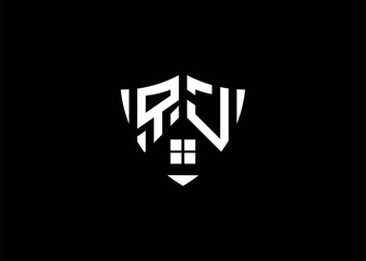 Real estate letter QJ shield shape logo and house building vector template