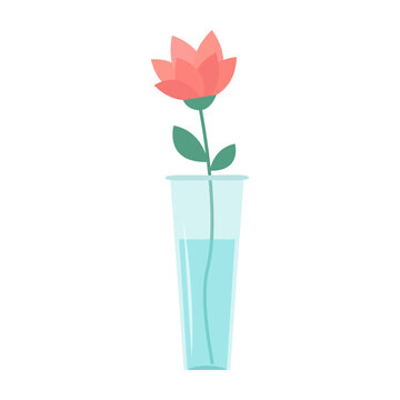 Flower in vase. Glass vases with blue water. Cute colorful icon collection. Pink flowers. Ceramic Pottery Glass decoration. White background. Flat design.