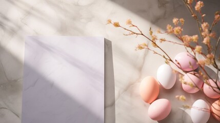 Easter greeting card mockup with pastel colored eggs background