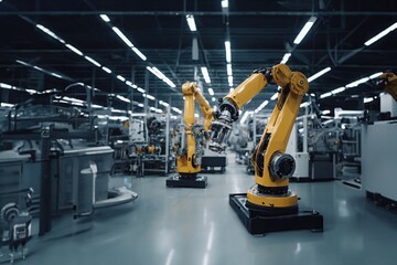 industrial robot, robotic arms as automation as production and manufacturing in a production line, in manufacturing hall, robotic arms - obrazy, fototapety, plakaty
