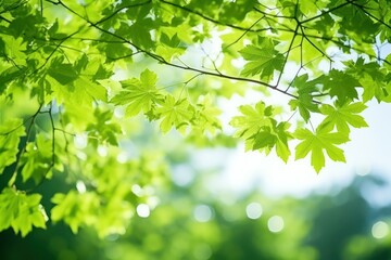frame from green maple branch leaves and meadow in sunshine 
