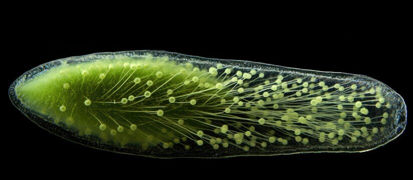 Paramecium bursaria with algea viewed using DIC, focused on cilia and algea.