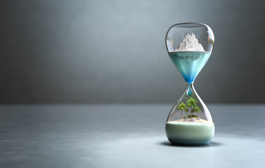 Global warming concept, Save the earth, Iceberg in the hourglass with copy space. 3D illustration