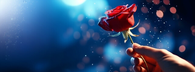 romantische rote Rose in der Hand halten - obrazy, fototapety, plakaty