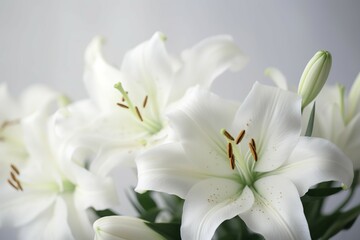 Naklejka na ściany i meble White lilies closeup pure bloom. Lily garden flower decoration bloom. Generate Ai