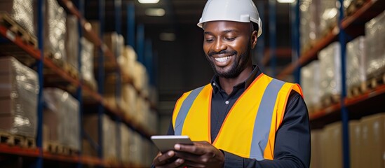 African worker using tablet in warehouse for job duties. - obrazy, fototapety, plakaty