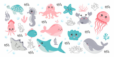 Set with hand drawn sea life elements. Sea animals. Vector doodle cartoon set of marine life objects for your design. - obrazy, fototapety, plakaty