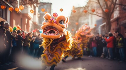 Vibrant dragon dance performance during Chinese New Year celebration. Cultural tradition. - obrazy, fototapety, plakaty