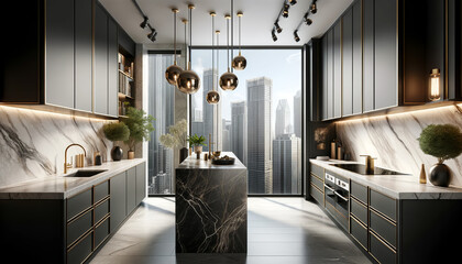 Sophisticated Urban Elegance: Chic High-Rise Kitchen with Marble Details and Brass Accents, ImageTitle, ModernInterior, LuxuryKitchen, CityView, MarbleCountertop, DarkCabinets, BrassDetails, PendantLi