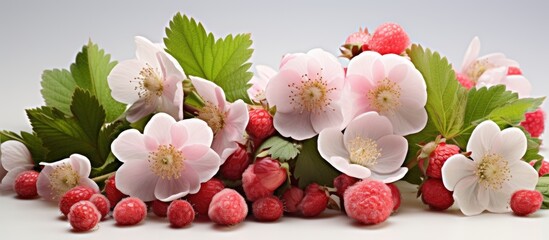 Rosy blossoms and young blackberry buds during spring - Rubus fruticosus - obrazy, fototapety, plakaty