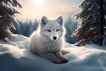 Winter baby arctic fox animal. Adorable snow portrait of wild dog. Generate Ai