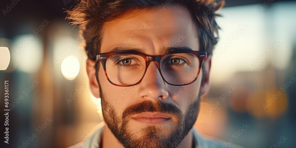 Poster a detailed close-up shot of a man with glasses and a beard. perfect for professional profiles and po