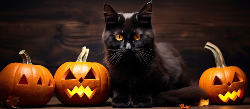 Halloween-themed black cat with fangs and pumpkins.