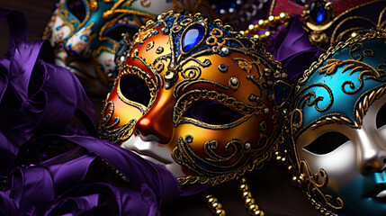 A group of venetian, mardi gras mask or disguise on a dark background