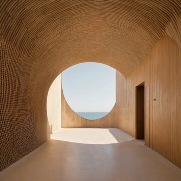 a vertical internal circular cylindre corridor with minimalist space, an ogive circular roof ,white sand 