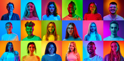 Collage made of portraits of different young people, men and women smiling against multicolored...
