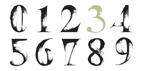 0 to 9 logos. Serif numbers set with dry brush strokes. Classic style font. Grunge textured and rough edges elements. Perfect for fashion label, vintage headline, luxury identity, wedding invitation.