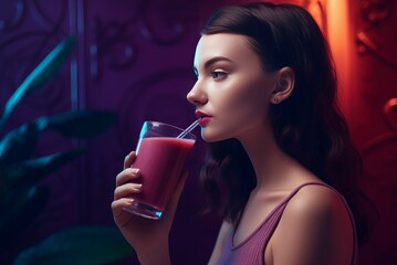 Woman drink purple smoothie glass detox. Healthy organic vegetable food. Generate Ai