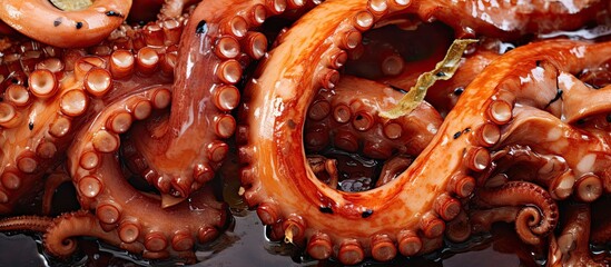 Sliced, fresh-cooked octopus tentacle, close-up.