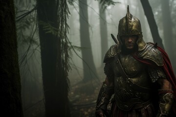 Fototapeta na wymiar Gladiator in a dense, foggy forest, creating a mysterious and eerie atmosphere