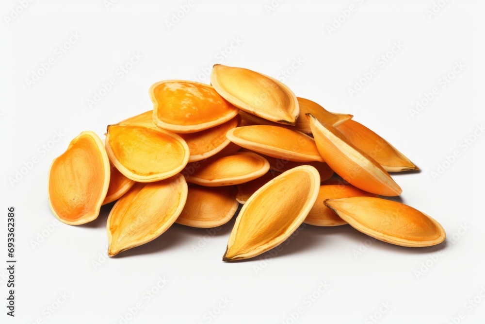 Poster a pile of sliced oranges on a clean white surface. perfect for food and beverage related projects