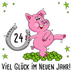 Glücksschwein Cartoon - Viel Glück im Neuen Jahr! Ein rosa Schweinchen tanzt im Glücksklee-Feld und hält ein Hufeisen mit der Jahreszahl. Vektor Illustration isoliert auf weißem Hintergrund.