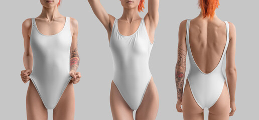 Mockup of a white one piece of sportswear on a girl with red hair, a tattoo on her arm, a swimsuit...