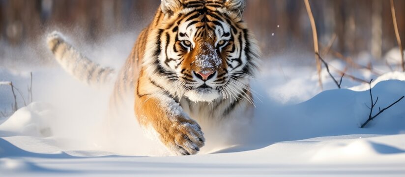 Siberian tiger frolicking in snowy habitat.