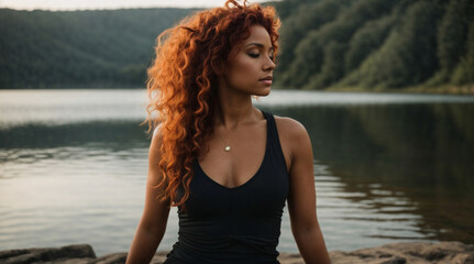 Bellissima ragazza con capelli rossi e ricci mentre fa yoga e meditazione in riva ad un lago	