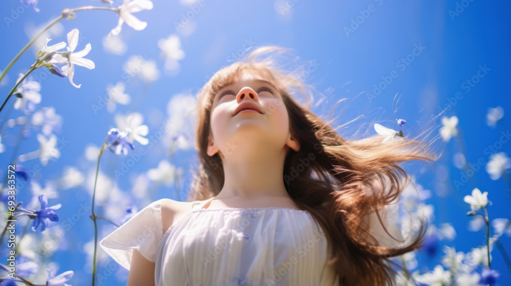 Wall mural A beautiful little girl in a bluebell flowers field against a blue sky