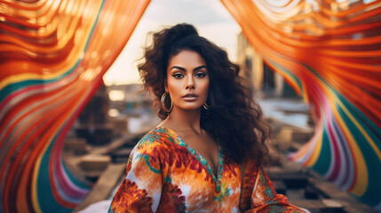 Fototapeta premium A Woman Posing Gracefully in Front of a Vibrant Curtain