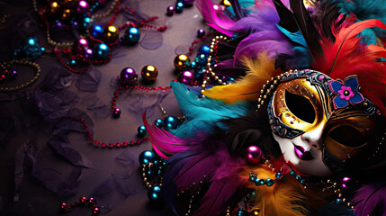 A group of venetian, mardi gras mask or disguise on a dark background - obrazy, fototapety, plakaty