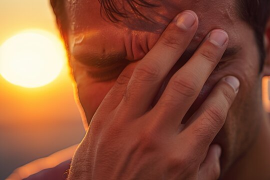 Close-up shot of a person with their hand covering their face. Can be used to depict emotions, such as sadness, frustration, or contemplation. Suitable for various themes and concepts