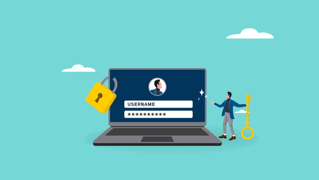 security concept illustration, businessman standing next to laptop while carrying security key, web or account protection concept, cyber security flat concept vector illustration