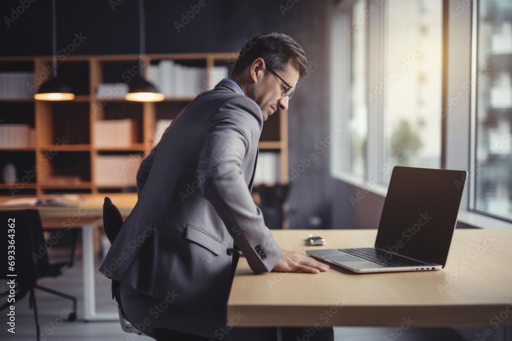 Poster a man in a suit is working on a laptop. suitable for business and technology themes