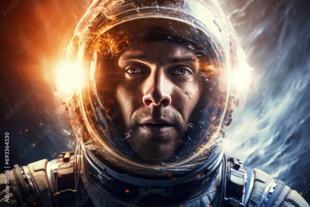 Poster a close-up view of a person wearing a space suit. this image can be used to depict space exploration