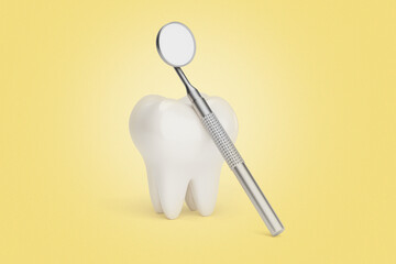 Tooth and dental mirror. Yellow background. 3d render