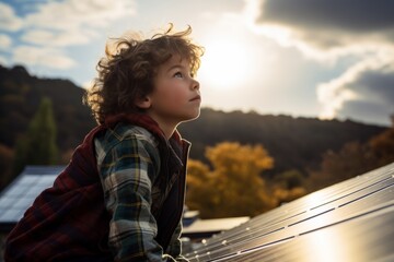 A young environmentally conscious boy sits on the solar panels and looks though sunset - obrazy, fototapety, plakaty