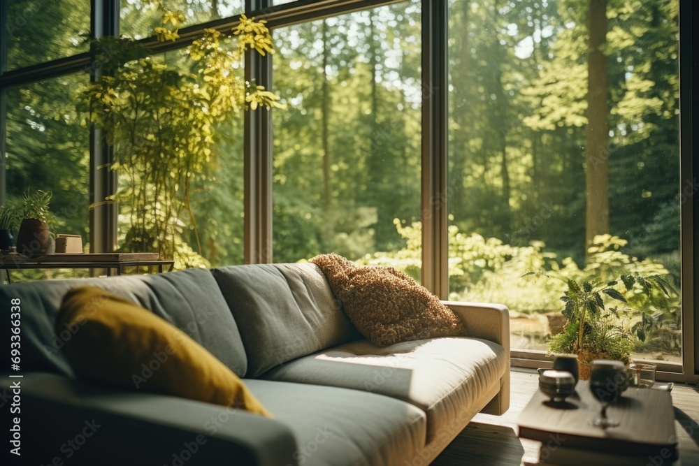 Poster a couch placed in front of a spacious window, providing a comfortable and scenic seating area. suita