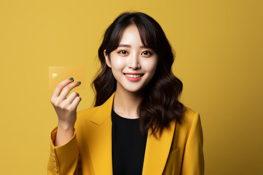 Studio portrait of beautiful young Asian woman wearing yellow jacket holding gold credit bank card. Cheerful girl takes advantage of cashless payment with cashback. Mockup, copy space.