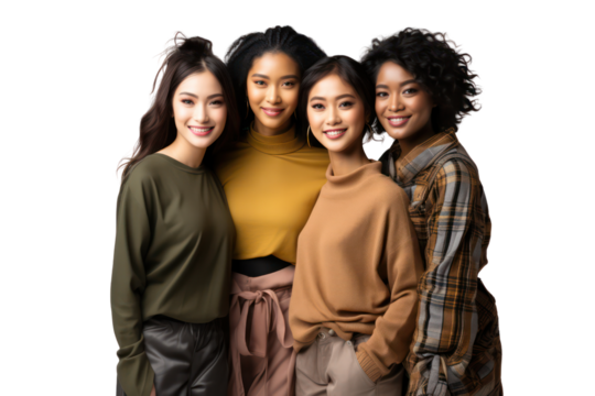 Portrait of group asian young multiracial men standing together on transparent background.