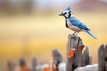 blue jay sitting on a fence post with fall colors in the field - obrazy, fototapety, plakaty