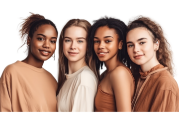 Portrait of group young multiracial women standing together on transparent background.
