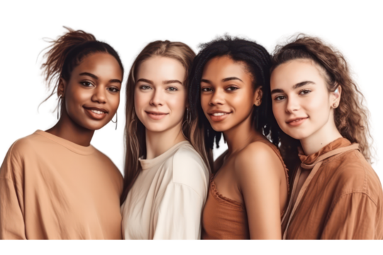 Portrait of group young multiracial women standing together on transparent background. - Powered by Adobe