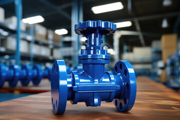 Blue valve sitting on top of wooden table. Industrial, mechanical, or plumbing concepts.